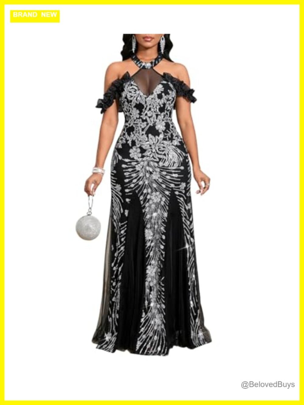 Cololura Sequin Halter Mesh Bodycon Formal Evening Gown